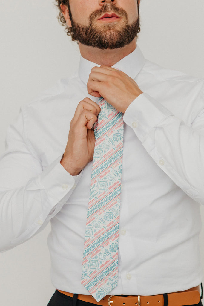 Aztec 3" Wide Standard Tie worn with a white shirt, brown belt and black suit pants.