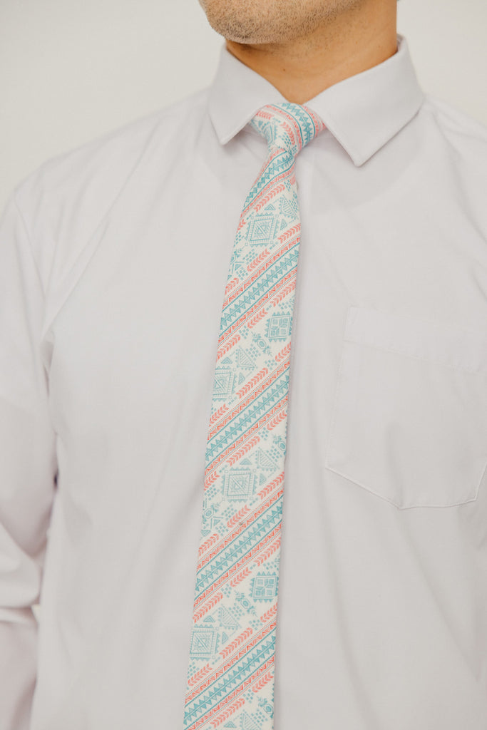 Aztec 2.5" Wide Skinny Tie worn with a white shirt, black belt and black suit pants.