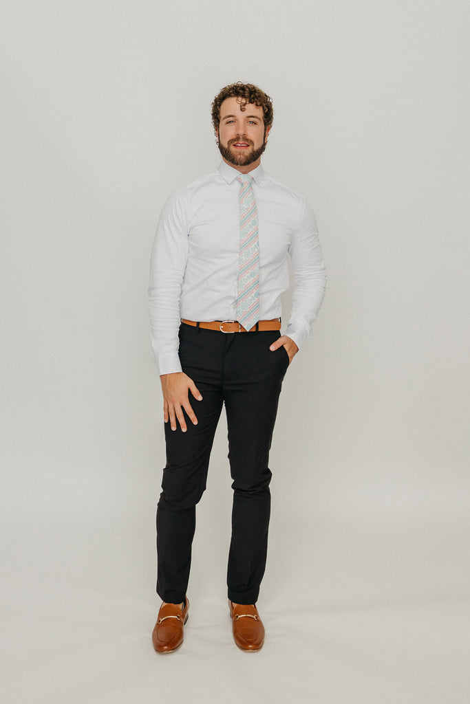 Aztec 3" Wide Standard Tie worn with a white shirt, brown belt and black suit pants.