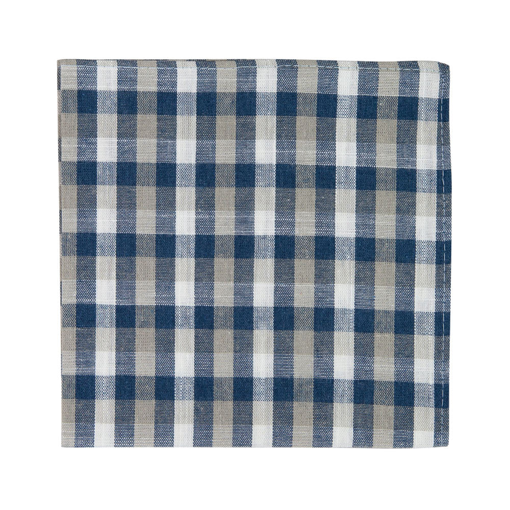 Blazer Pocket Square. Plaid gingham pattern with navy blue, tan and white colored stripes. 