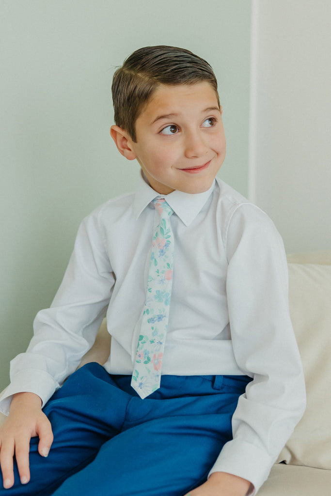 DAZI Blue Freesia Boys Tie | Kids Pre-Tied Floral Necktie, XL (9 - 13 Yrs Old) | Adjustable Strap | 16.5