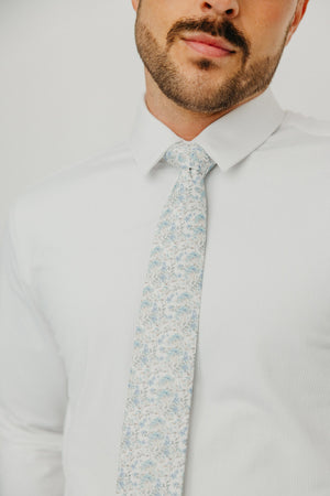 Bluebell tie worn with a white shirt.
