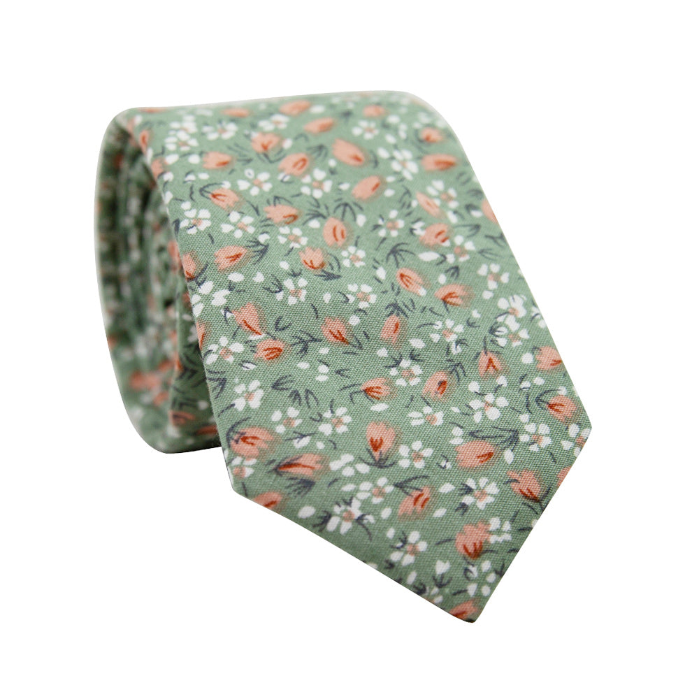 Calla Lily Floral Skinny Tie. Sage green background with small white and coral flowers throughout.