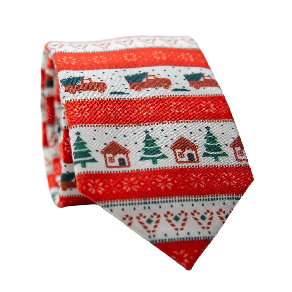 Christmas-themed necktie with red, green, and white patterns on a white and red background