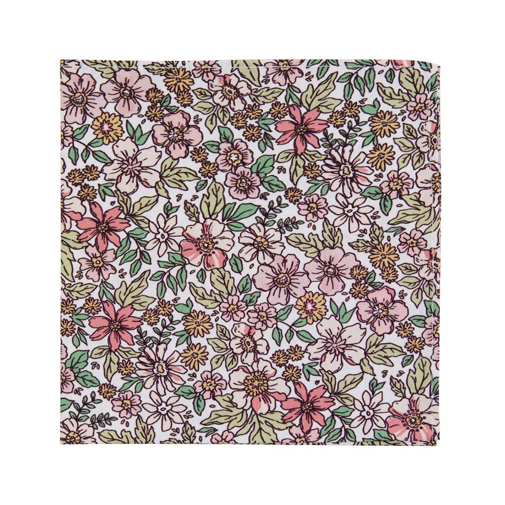 Carnation Pocket Square. White background with a mix of pink and yellow flowers and green leaves.