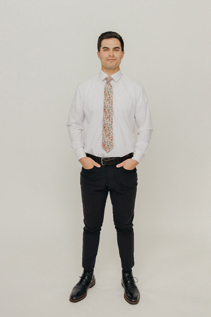 Carnation 3" Wide Standard Tie worn with a white shirt, black belt and black suit pants.