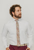 Carnation 2.5" Wide Skinny Tie worn with a white shirt, tan belt and maroon suit pants.