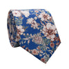 Frosted Rose Skinny Tie. Royal blue background with cream off white and maroon burgundy roses and sage green leaves. 