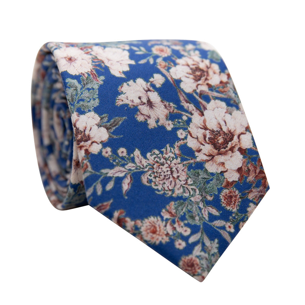 Frosted Rose Skinny Tie. Royal blue background with cream off white and maroon burgundy roses and sage green leaves. 