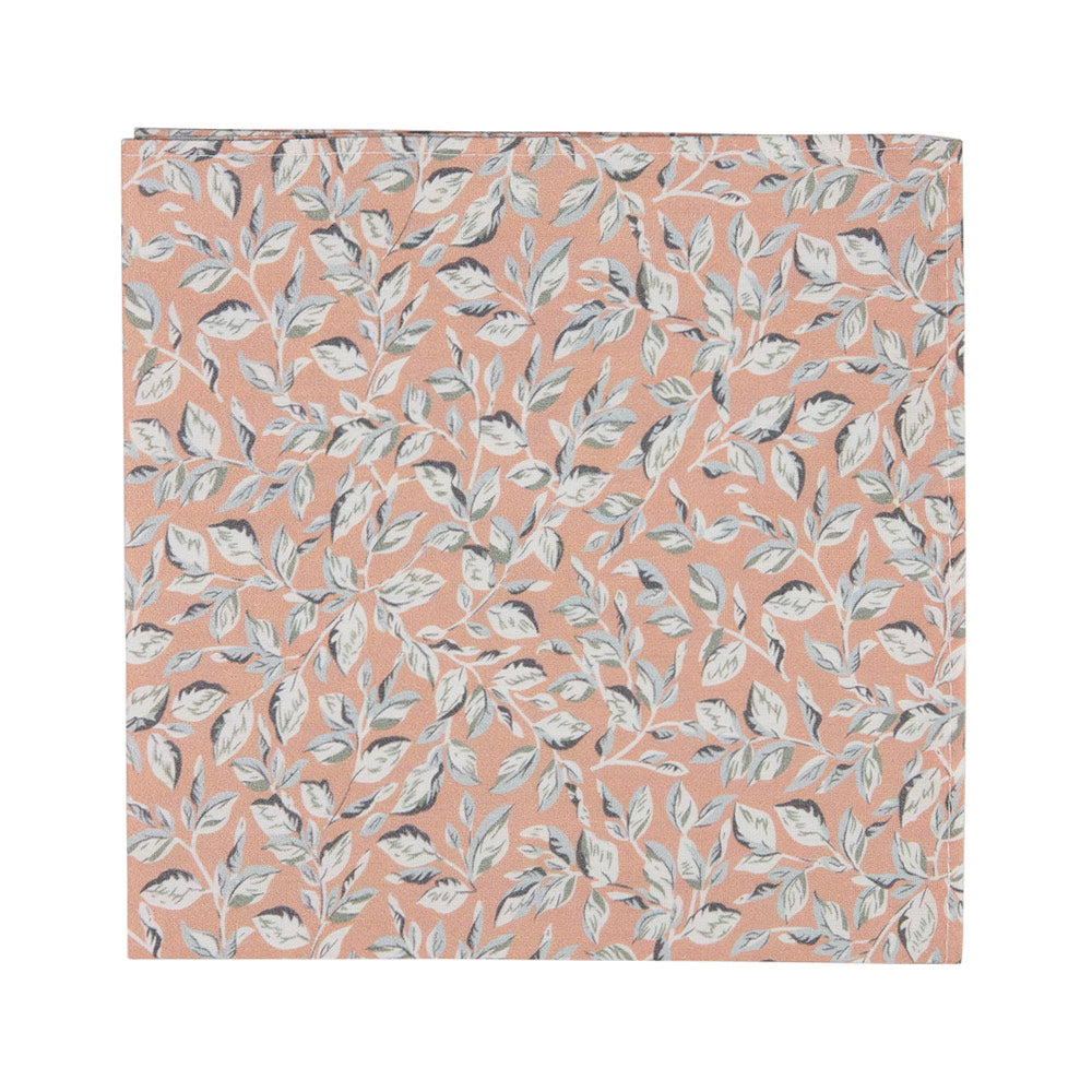 Georgia Belle Pocket Square. Peach background with dusty blue and sage green leaves and white stems and leaves. 