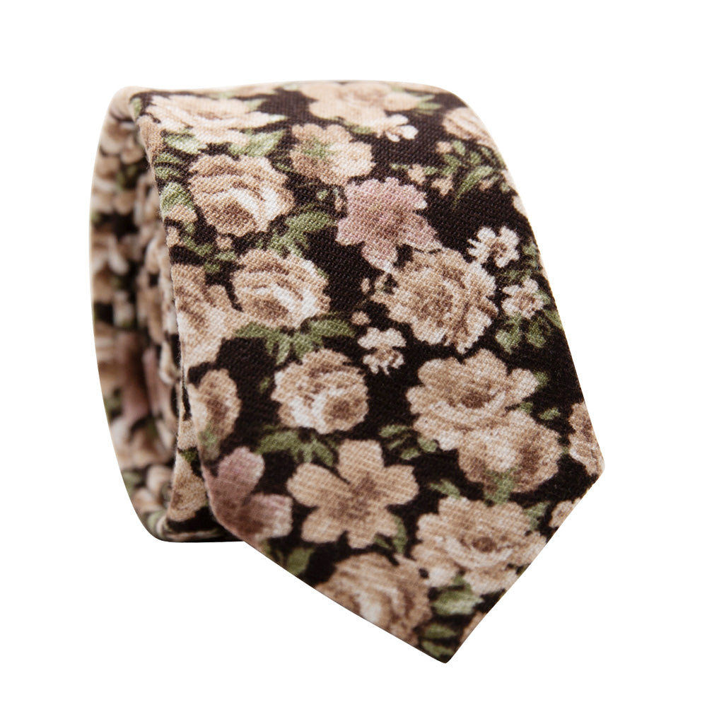 Harvest Bouquet Skinny Tie. Dark brown background with cream and off white flowers and small green leaves.