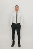 DAZI Holly Skinny Tie worn with a white shirt, black belt and black suit pants.