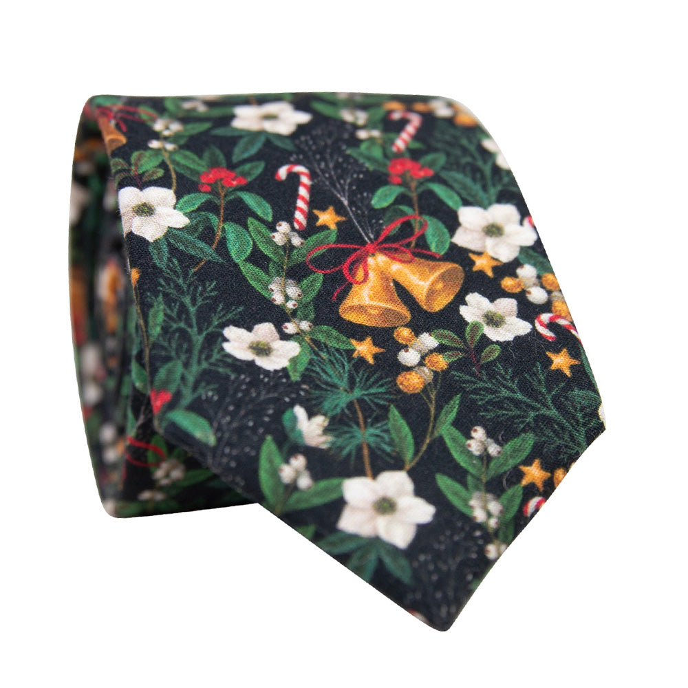 DAZI Holly Skinny Tie. Navy blue background with holly, bells, candy canes and leaves. 