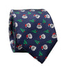 Navy blue tie with festive pattern featuring Santa hats and Christmas trees