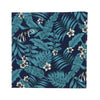 Lush Pocket Square. Navy blue background with big green leaves and small cream and black flowers throughout. 