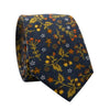 Maple Blossom Skinny Tie. Navy blue textured background with yellow gold, orange and white flowers and leaves throughout. 