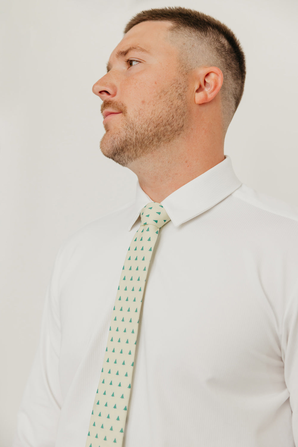 Pine 2.5" Wide Skinny Tie worn with a white shirt.