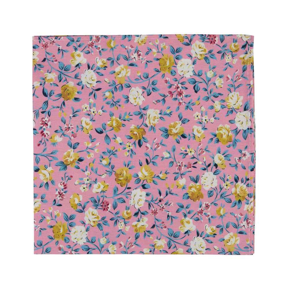 Pink Pansy Pocket Square. Pink background with small gold flowers and dusty sage blue leaves throughout. 