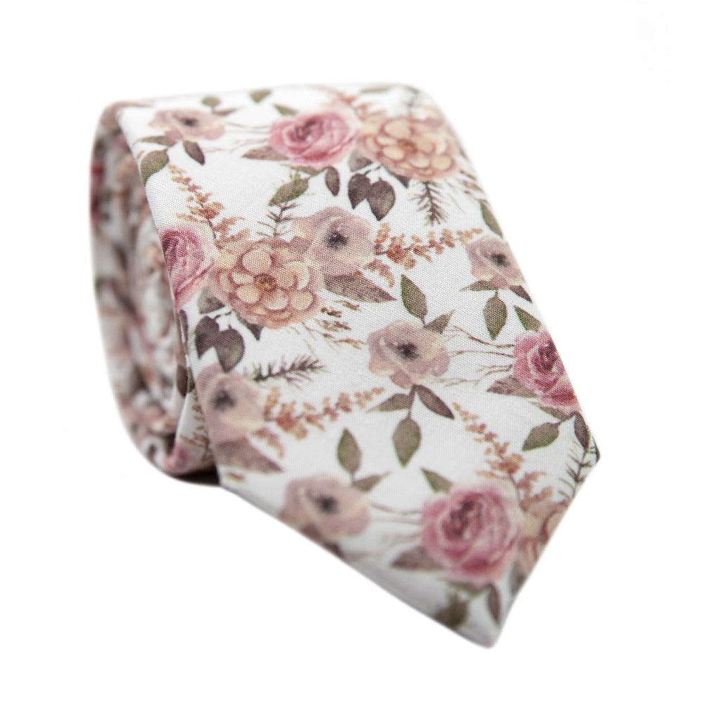 Quicksand Roses Skinny Tie. White background with mauve, peach and blush pink flowers. Sage green leaves and branches throughout.