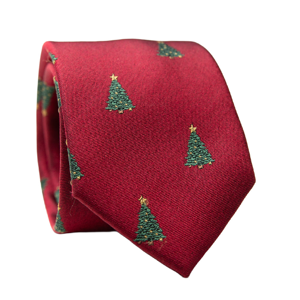 Red tie with green Christmas tree pattern