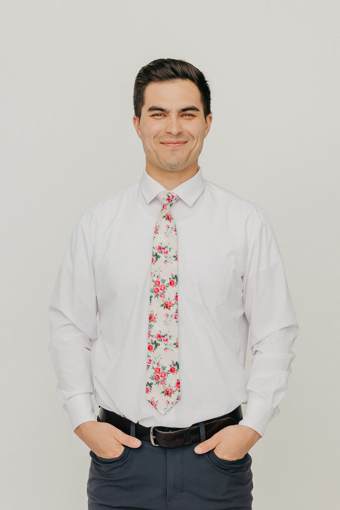Rose Garden 3" Wide Standard Tie worn with a white shirt, black belt and black suit pants.