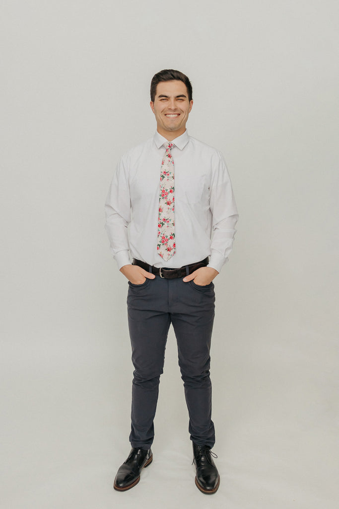 Rose Garden 3" Wide Standard Tie worn with a white shirt, black belt and black suit pants.