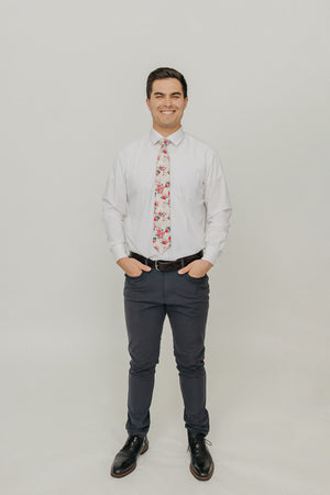 Rose Garden 3" Wide Standard Tie worn with a white shirt, black belt and black suit pants.