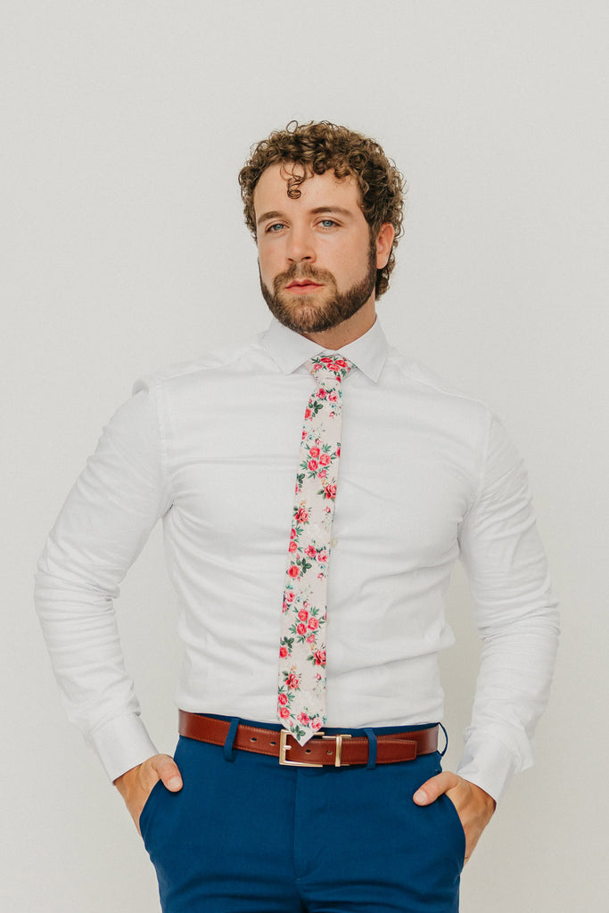 Rose Garden 2.5" Wide Skinny Tie worn with a white shirt, brown belt and royal blue suit pants.