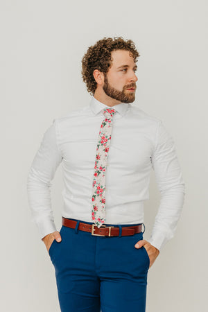 Rose Garden 2.5" Wide Skinny Tie worn with a white shirt, brown belt and royal blue suit pants.