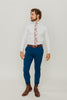 Rose Garden 2.5" Wide Skinny Tie worn with a white shirt, brown belt and royal blue suit pants.