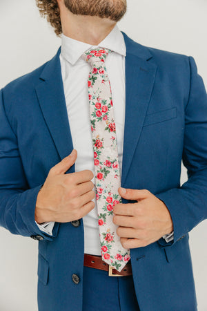 Rose Garden 2.5" Wide Skinny Tie worn with a white shirt, brown belt and royal blue suit.