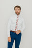 Rose Garden 2.5" Wide Skinny Tie worn with a white shirt, brown belt and royal blue suit pants.