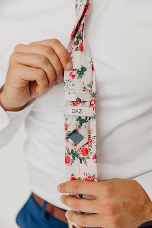 Rose Garden 2.5" Wide Skinny Tie worn with a white shirt, brown belt and royal blue suit pants.