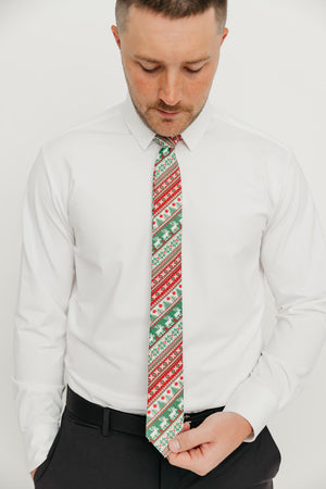 DAZI Rudolph Tie worn with a white shirt, black belt and black suit pants.