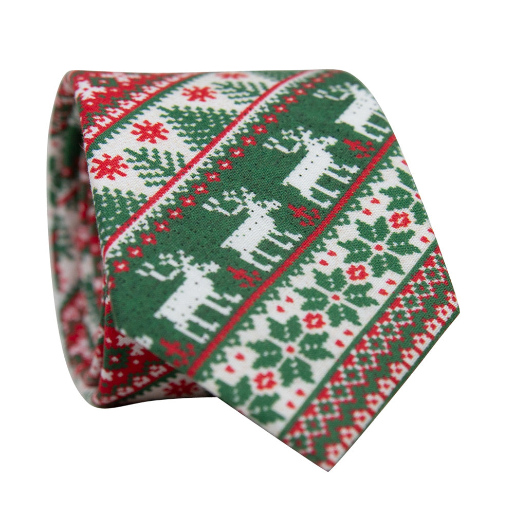 DAZI Rudolph Skinny Tie. Ugly sweater pattern in red, green and white with reindeer, trees, snowflakes and holly. 