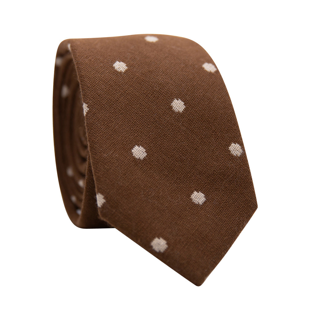 Sable Skinny Tie. Brown tie with cream or off white medium to small size dots.