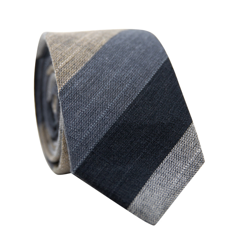 Tweed Skinny Tie. Textured fabric with thick diagonal stripes of gray, navy blue, steel dusty blue and cream off white. 