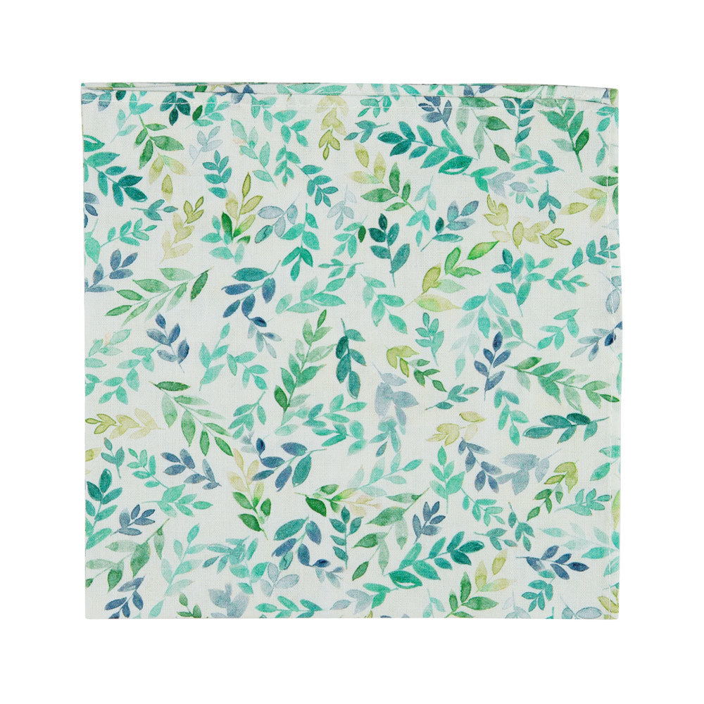 Vineyard Pocket Square. Off white background with different shades of small green leaves. 
