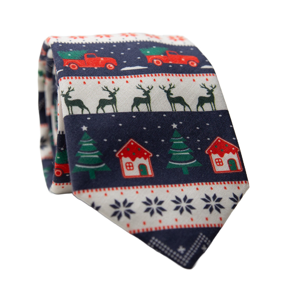 Christmas-themed necktie with reindeer, trees, and houses