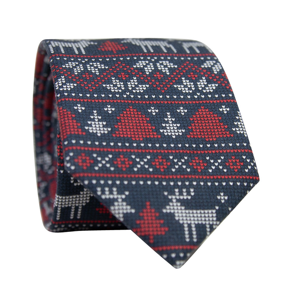 DAZI Winter Wonderland Skinny Tie. Ugly Sweater pattern on a navy blue background with trees and reindeer.