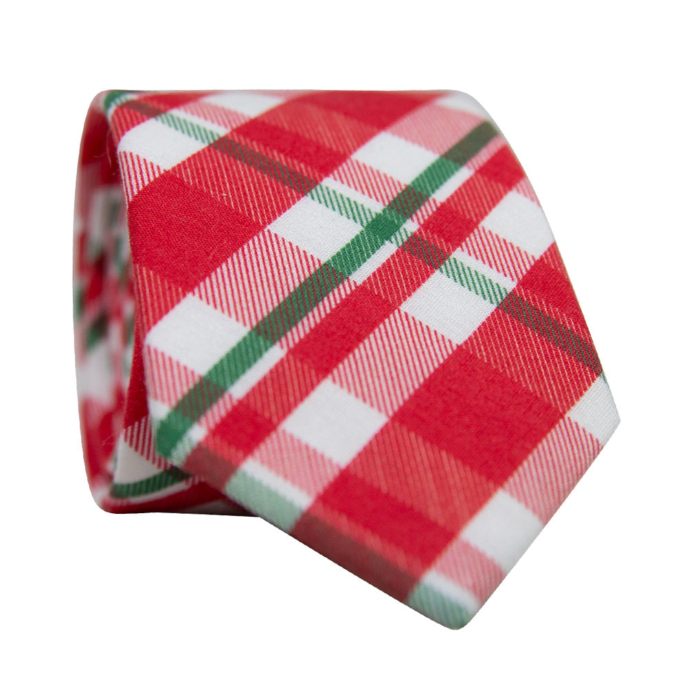 DAZI Wrapped Up Skinny Tie. Red, green and white plaid design.