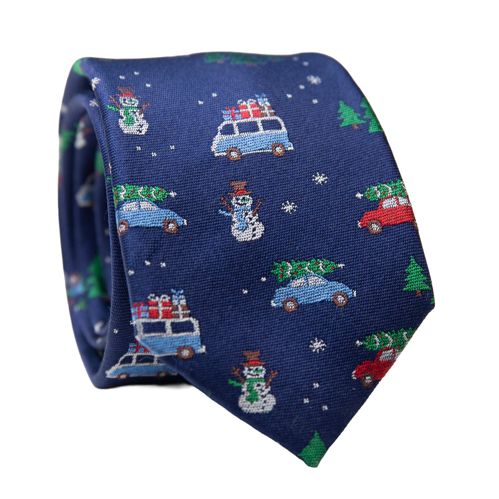 Navy blue tie with Christmas-themed pattern featuring cars, trees, and snowmen on a navy blue background