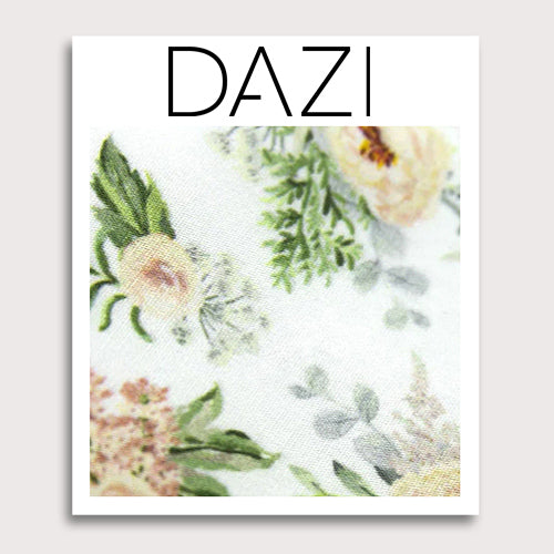 Desert Sun Fabric Swatch Sample. 3" x 4" fabric sample on cardstock. White background with round yellow flowers, green and silver leaves.