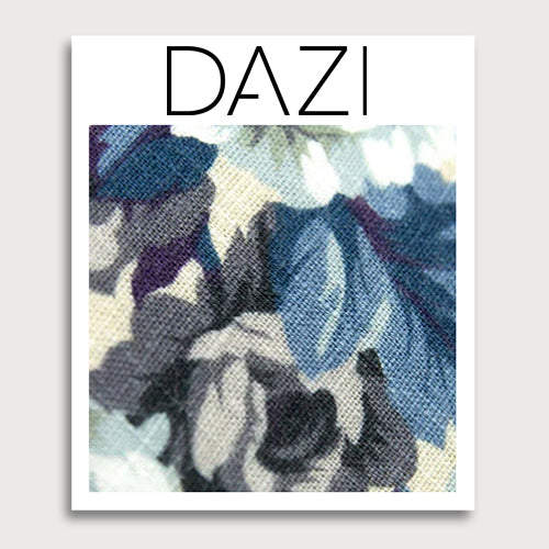 Dreamy Fields Fabric Swatch Sample. 3" x 4" fabric sample on cardstock. Cream background with dusty blue, white and gray flowers with navy blue and purple leaves.