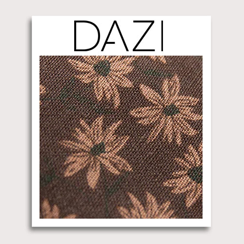 Dusky Floral Fabric Swatch Sample. 3" x 4" fabric sample on cardstock. Brown background with light brown sunflowers with green centers and subtle green leaves and stems.