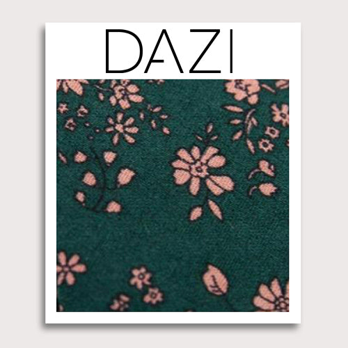 Evergreen Floral Fabric Swatch Sample. 3" x 4" fabric sample on cardstock. Green background with small blush pink flowers throughout.