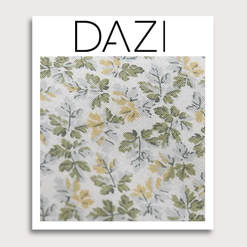 Fern Fabric Swatch Sample. 3" x 4" fabric sample on cardstock. White background with small sage green, yellow gold and very light blue/gray leaves.