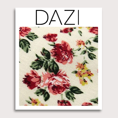 Fiore Fabric Swatch Sample. 3" x 4" fabric sample on cardstock. Cream background with maroon, yellow and blue flowers with green leaves.