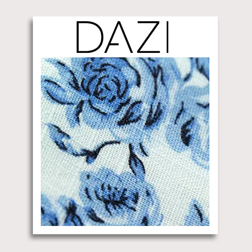 French Garden Fabric Swatch Sample. 3" x 4" fabric sample on cardstock. Textured white background with light blue flowers and leaves.