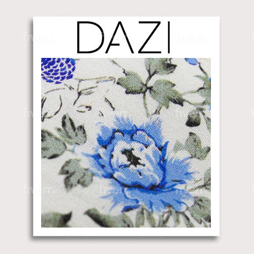 French Love Fabric Swatch Sample. 3" x 4" fabric sample on cardstock. White background with blue flowers and green leaves.